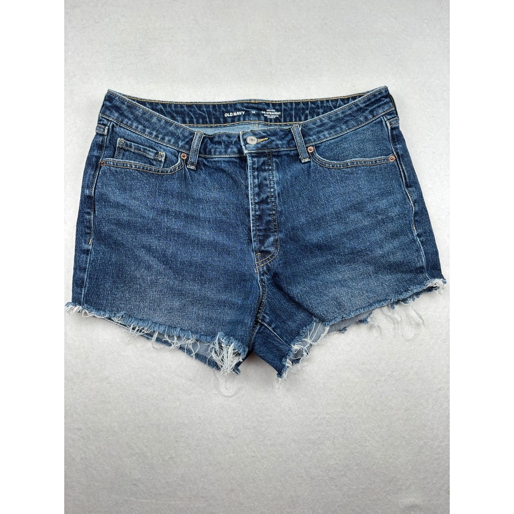 Old Navy Denim Shorts Womens 14 High Rise Button Fly Raw Hem Straight